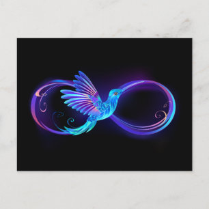 Neon Infinity Symbol with Glowing Hummingbird Announcement Postcard
