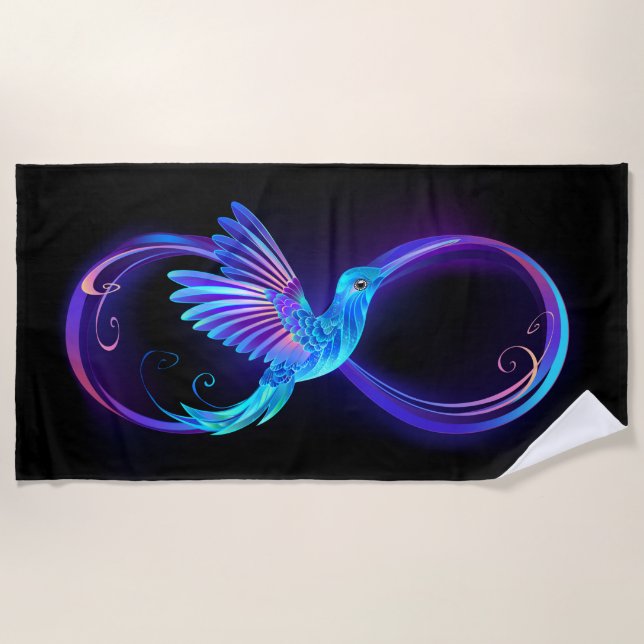 Neon Infinity Symbol with Glowing Hummingbird Beach Towel (Front)