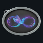 Neon Infinity Symbol with Glowing Hummingbird Belt Buckle<br><div class="desc">Glowing,  purple infinity symbol with flying,  luminous,  blue hummingbird on black background. Neon.</div>