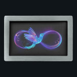 Neon Infinity Symbol with Glowing Hummingbird Belt Buckle<br><div class="desc">Glowing,  purple infinity symbol with flying,  luminous,  blue hummingbird on black background. Neon.</div>
