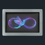 Neon Infinity Symbol with Glowing Hummingbird Belt Buckle<br><div class="desc">Glowing,  purple infinity symbol with flying,  luminous,  blue hummingbird on black background. Neon.</div>