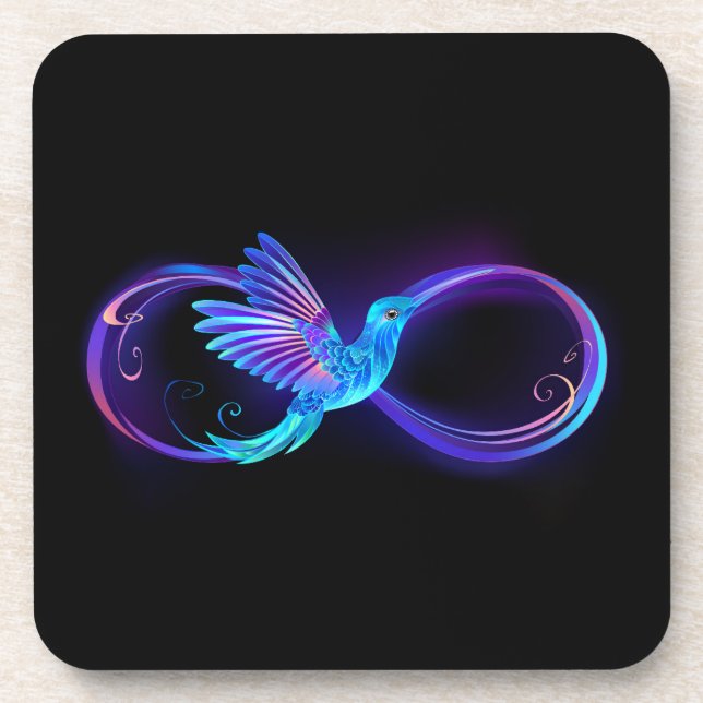 Neon Infinity Symbol with Glowing Hummingbird Beverage Coaster (Front)