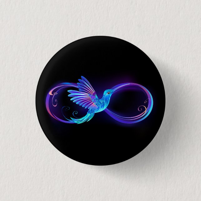 Neon Infinity Symbol with Glowing Hummingbird Button (Front)