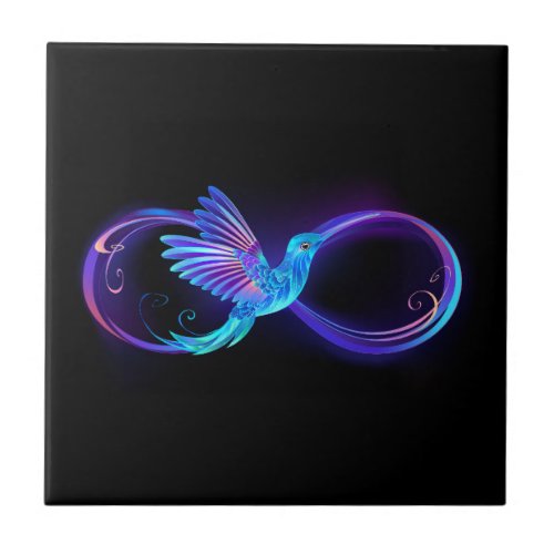 Neon Infinity Symbol with Glowing Hummingbird Ceramic Tile