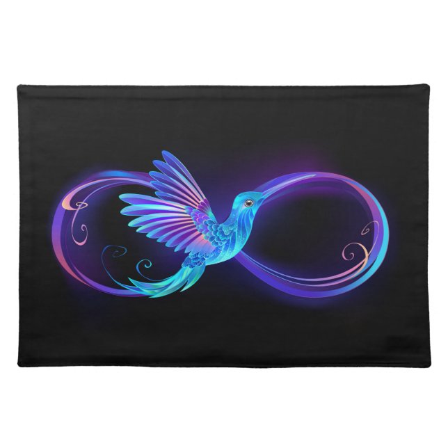 Neon Infinity Symbol with Glowing Hummingbird Cloth Placemat (Front)