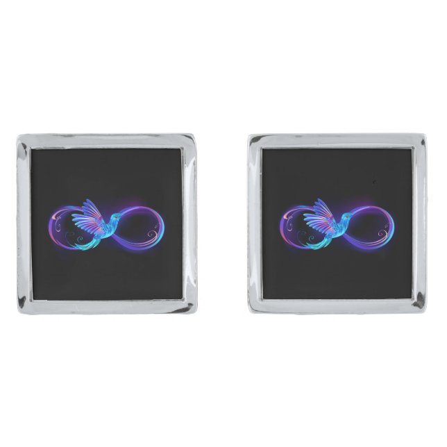 Neon Infinity Symbol with Glowing Hummingbird Cufflinks (Front)