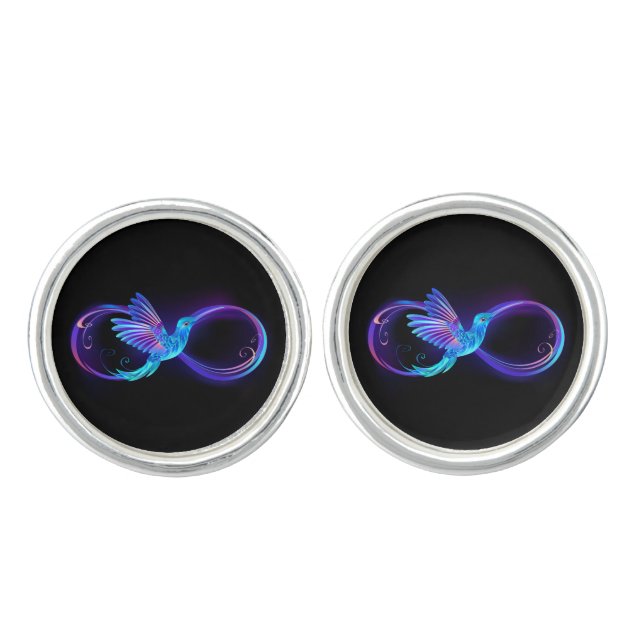 Neon Infinity Symbol with Glowing Hummingbird Cufflinks (Front)