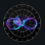 Neon Infinity Symbol with Glowing Hummingbird Dart Board<br><div class="desc">Glowing,  purple infinity symbol with flying,  luminous,  blue hummingbird on black background. Neon.</div>