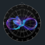 Neon Infinity Symbol with Glowing Hummingbird Dart Board<br><div class="desc">Glowing,  purple infinity symbol with flying,  luminous,  blue hummingbird on black background. Neon.</div>