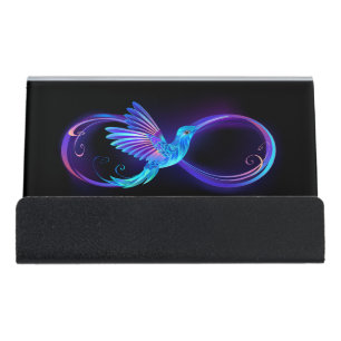 Neon Infinity Symbol with Glowing Hummingbird Desk Business Card Holder