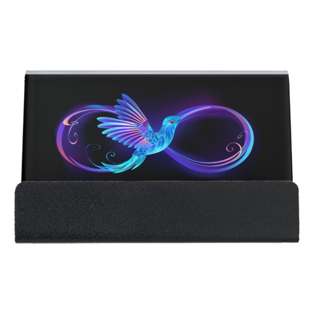 Neon Infinity Symbol with Glowing Hummingbird Desk Business Card Holder (Front)
