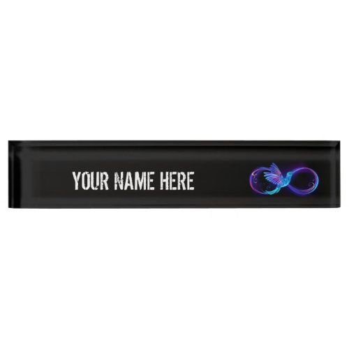 Neon Infinity Symbol with Glowing Hummingbird Desk Name Plate