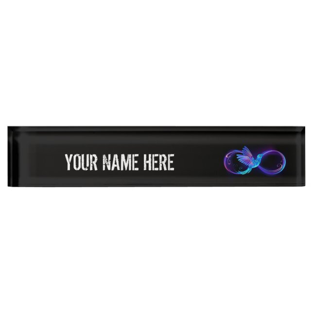 Neon Infinity Symbol with Glowing Hummingbird Desk Name Plate (Front)