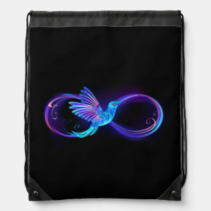 Neon Infinity Symbol with Glowing Hummingbird Drawstring Bag