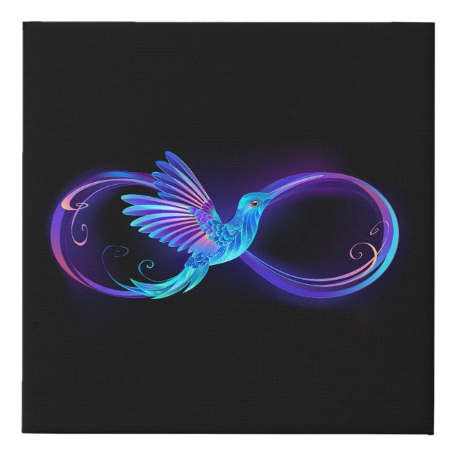 Neon Infinity Symbol with Glowing Hummingbird Faux Canvas Print (Front)