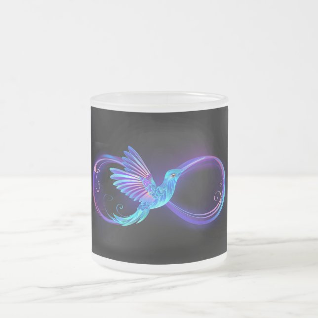 Neon Infinity Symbol with Glowing Hummingbird Frosted Glass Coffee Mug (Center)