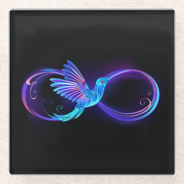 Neon Infinity Symbol with Glowing Hummingbird Glass Coaster (Front)
