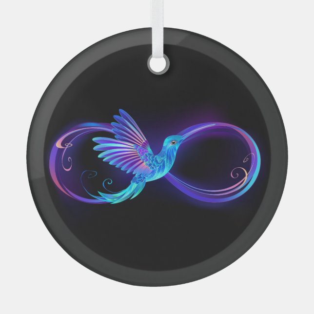 Neon Infinity Symbol with Glowing Hummingbird Glass Ornament (Front)