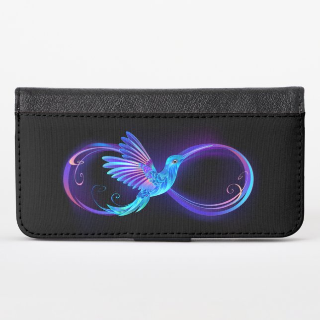 Neon Infinity Symbol with Glowing Hummingbird iPhone Wallet Case (Front (Horizontal))
