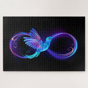 Neon Infinity Symbol with Glowing Hummingbird Jigsaw Puzzle