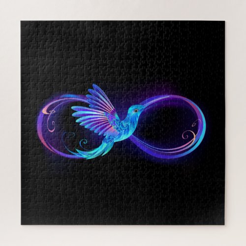 Neon Infinity Symbol with Glowing Hummingbird Jigsaw Puzzle