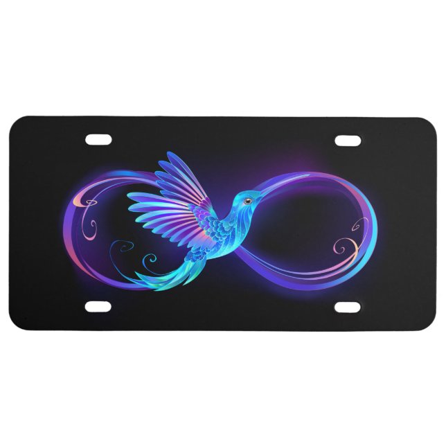 Neon Infinity Symbol with Glowing Hummingbird License Plate (Front)