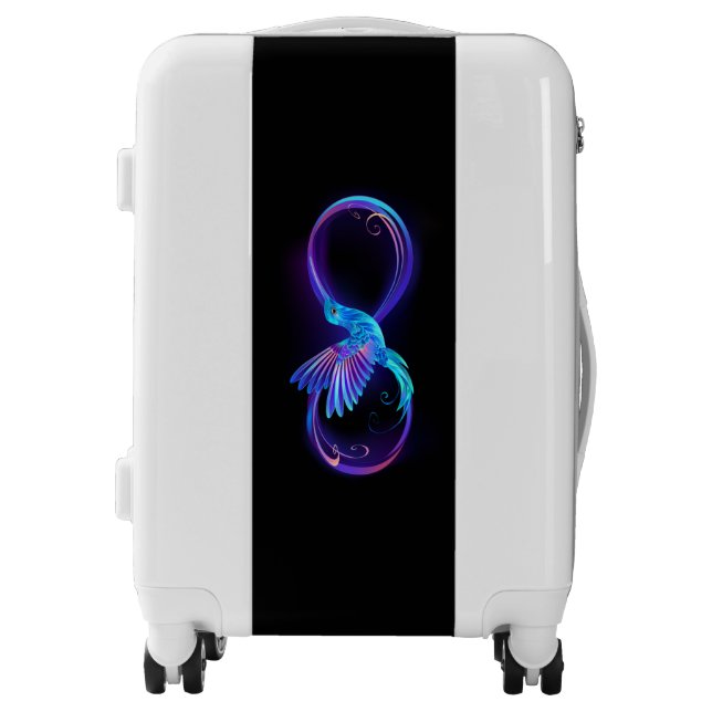 Neon Infinity Symbol with Glowing Hummingbird Luggage (Front)