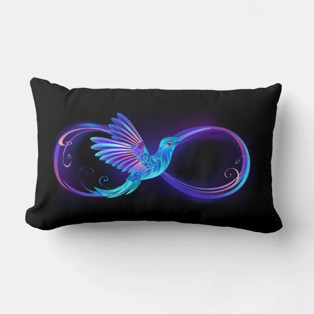 Neon Infinity Symbol with Glowing Hummingbird Lumbar Pillow (Front)