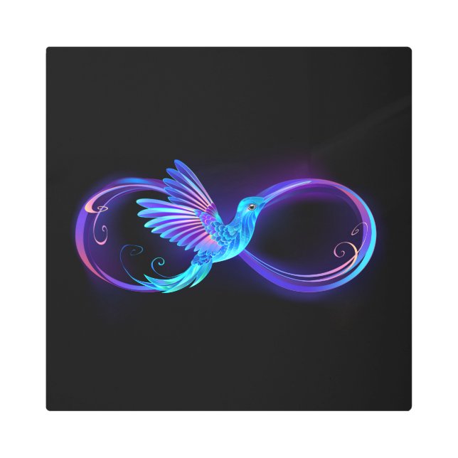 Neon Infinity Symbol with Glowing Hummingbird Metal Print (Front)