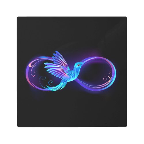 Neon Infinity Symbol with Glowing Hummingbird Metal Print