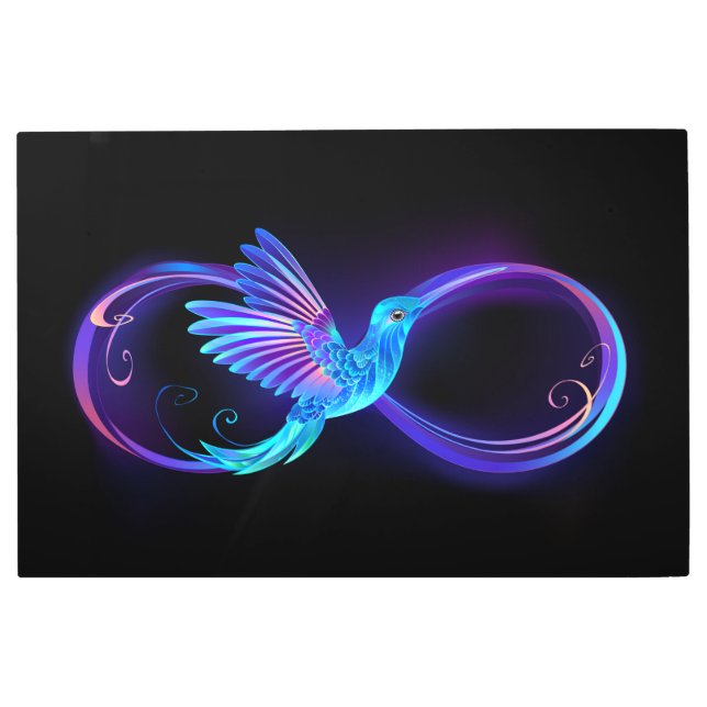 Neon Infinity Symbol with Glowing Hummingbird Metal Print (Front)