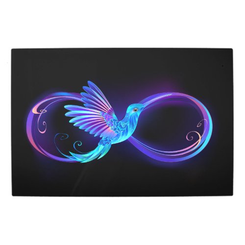 Neon Infinity Symbol with Glowing Hummingbird Metal Print