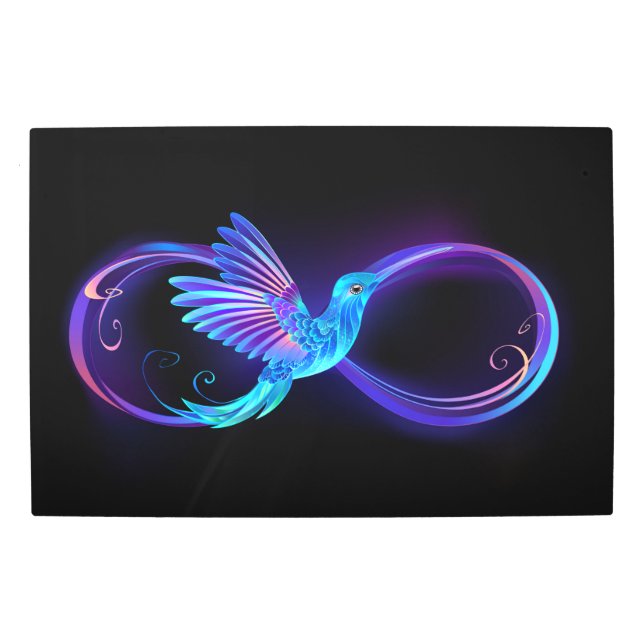 Neon Infinity Symbol with Glowing Hummingbird Metal Print (Front)