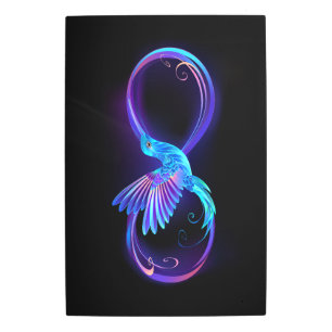 Neon Infinity Symbol with Glowing Hummingbird Metal Print