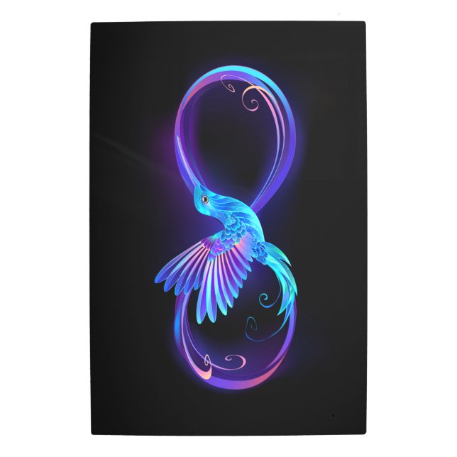Neon Infinity Symbol with Glowing Hummingbird Metal Print (Front)