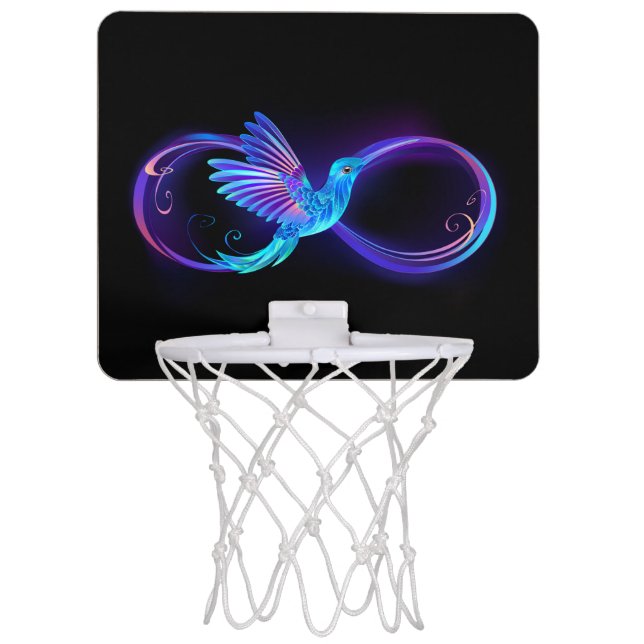 Neon Infinity Symbol with Glowing Hummingbird Mini Basketball Hoop (Front)