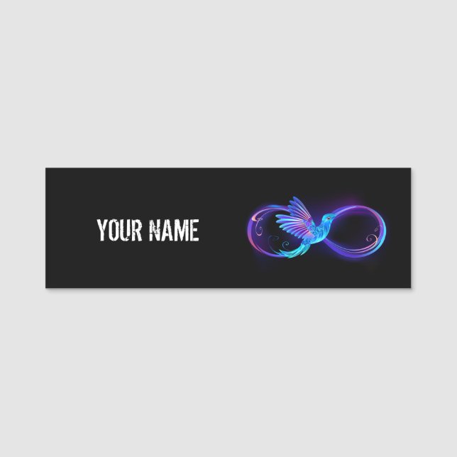 Neon Infinity Symbol with Glowing Hummingbird Name Tag (Front)