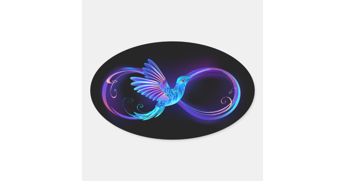 Neon Infinity Symbol with Glowing Hummingbird Oval Sticker | Zazzle