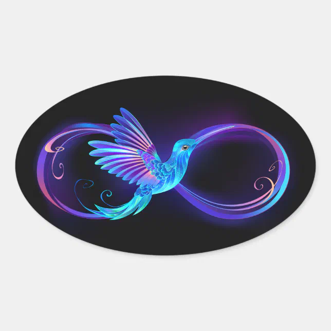 Neon Infinity Symbol with Glowing Hummingbird Oval Sticker | Zazzle