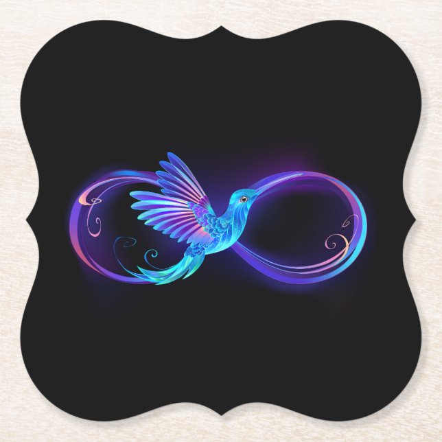 Neon Infinity Symbol with Glowing Hummingbird Paper Coaster (Front)