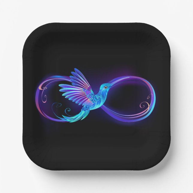 Neon Infinity Symbol with Glowing Hummingbird Paper Plates (Front)
