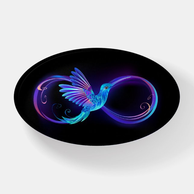 Neon Infinity Symbol with Glowing Hummingbird Paperweight (Front)