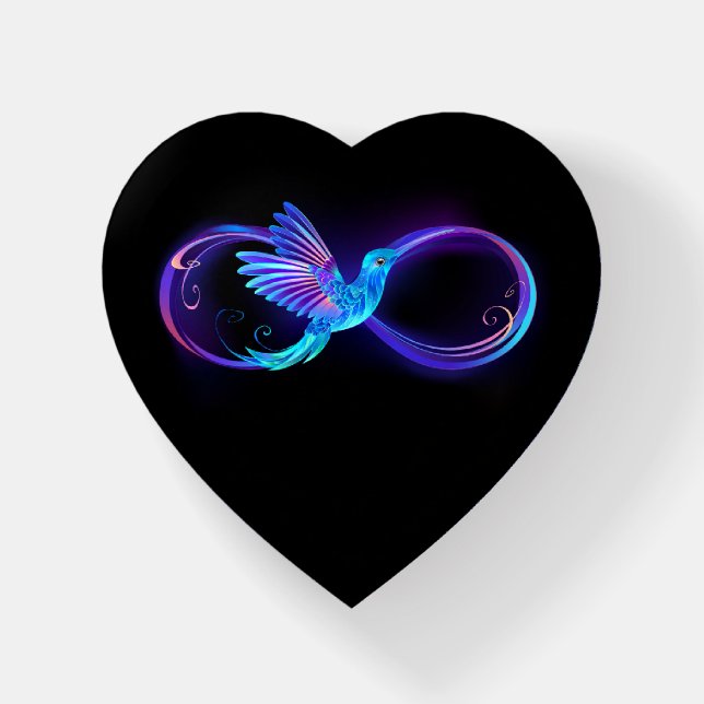 Neon Infinity Symbol with Glowing Hummingbird Paperweight (Front)