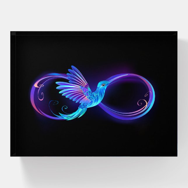 Neon Infinity Symbol with Glowing Hummingbird Paperweight (Front)