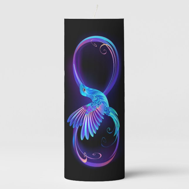Neon Infinity Symbol with Glowing Hummingbird Pillar Candle (Front)
