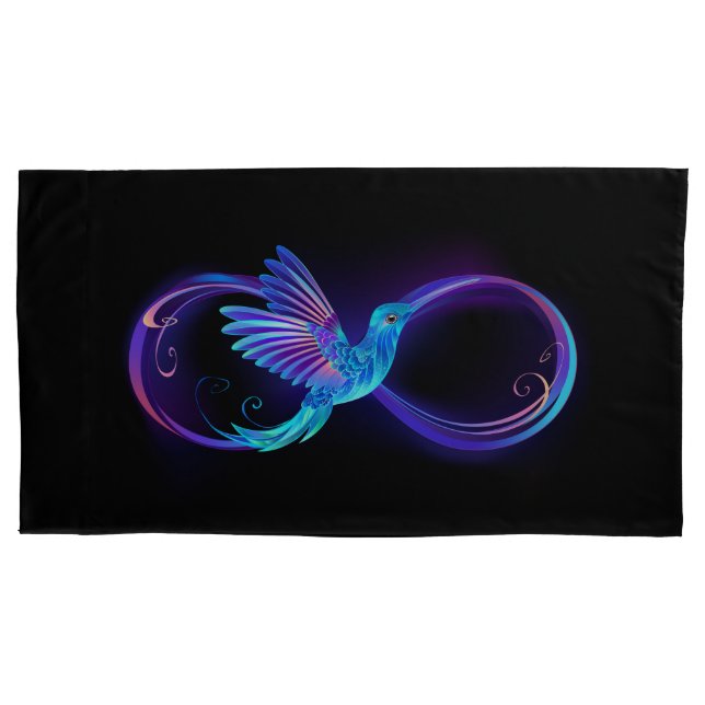 Neon Infinity Symbol with Glowing Hummingbird Pillow Case (Front-Left)