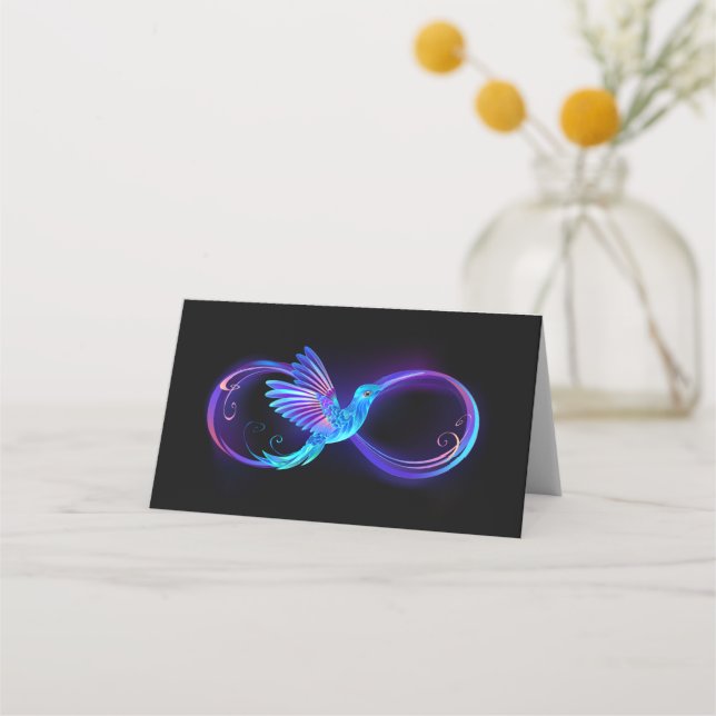 Neon Infinity Symbol with Glowing Hummingbird Place Card (Front)