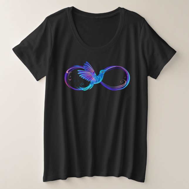 Neon Infinity Symbol with Glowing Hummingbird Plus Size T-Shirt (Design Front)