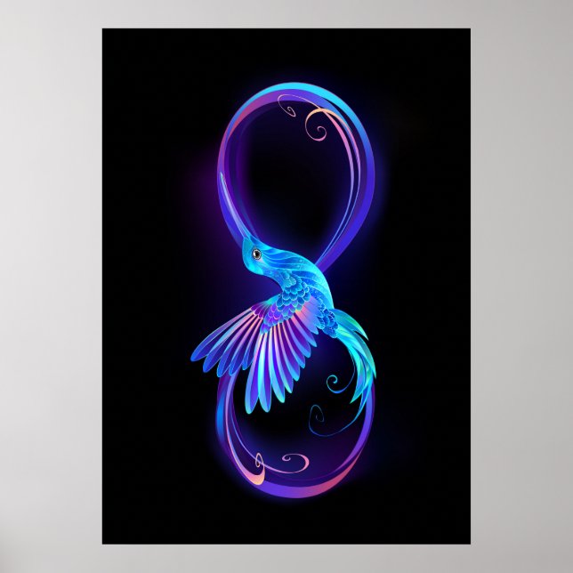Neon Infinity Symbol with Glowing Hummingbird Poster (Front)