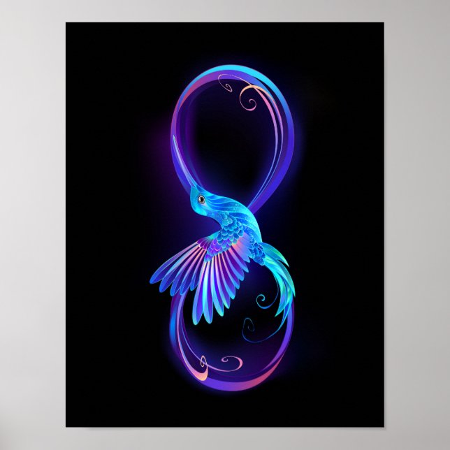 Neon Infinity Symbol with Glowing Hummingbird Poster (Front)
